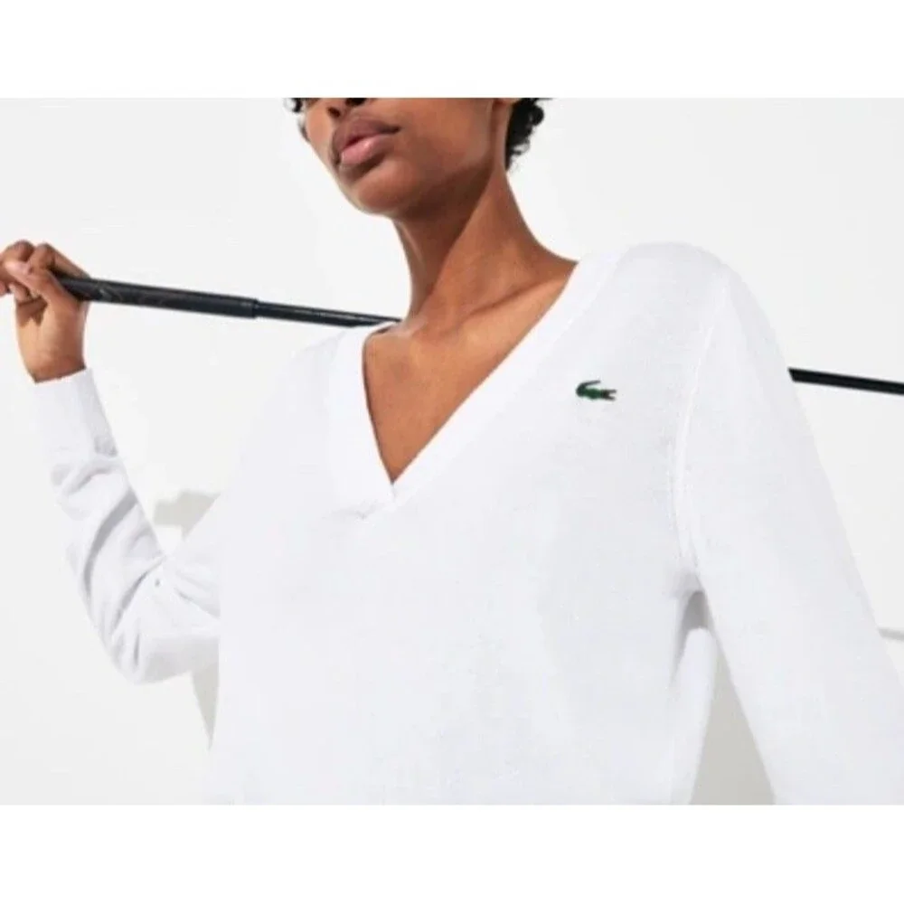 Lacoste winensLong Sleeve V-Neck Sweater White Crocodile Logo Pullover sz 34 S